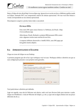 Material do Treinamento Java e Orientação a Objetos




Baixe o Eclipse do site oficial http://www.eclipse.org. Apesar de ser escrito em Java, a biblioteca gráfica usada
no Eclipse, chamada SWT, usa componentes nativos do sistema operacional. Por isso você deve baixar a
versão correspondente ao seu sistema operacional.

Descompacte o arquivo e pronto, basta rodar o executável.


                    Outras IDEs
                    Uma outra IDE open source famosa é o Netbeans, da Oracle. (http:
                    //www.netbeans.org).

                    Além dessas, Oracle, Borland e a própria IBM possuem IDEs comer-
                    ciais e algumas versões mais restritas de uso livre.

                    A empresa JetBrains desenvolve o IntelliJ IDEA, uma IDE paga que
                    tem ganho muitos adeptos.



8.2     Apresentando o Eclipse
Clique no ícone do Eclipse no seu Desktop.

A primeira pergunta que ele te faz é que workspace você vai usar. Workspace define o diretório em que as
suas configurações pessoais e seus projetos serão gravados.




Você pode deixar o diretório pré-definido.

Logo em seguida, uma tela de Welcome será aberta, onde você tem diversos links para tutoriais e ajuda.
Clique em Workbench. A tela de Welcome do Eclipse 3.3 e do 3.2 (que está na figura abaixo) são um pouco
diferentes da do 3.1.




                                                         Capítulo 8 - Eclipse IDE - Apresentando o Eclipse - Página 101
 