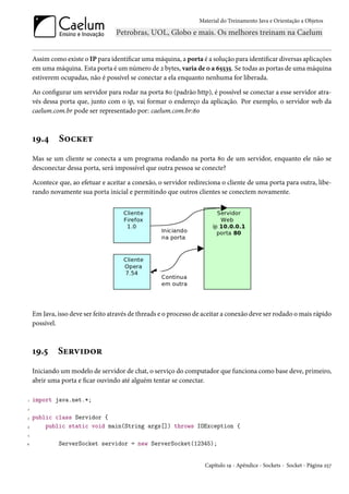 Material do Treinamento Java e Orientação a Objetos




    Assim como existe o IP para identificar uma máquina, a porta é a solução para identificar diversas aplicações
    em uma máquina. Esta porta é um número de 2 bytes, varia de 0 a 65535. Se todas as portas de uma máquina
    estiverem ocupadas, não é possível se conectar a ela enquanto nenhuma for liberada.

    Ao configurar um servidor para rodar na porta 80 (padrão http), é possível se conectar a esse servidor atra-
    vés dessa porta que, junto com o ip, vai formar o endereço da aplicação. Por exemplo, o servidor web da
    caelum.com.br pode ser representado por: caelum.com.br:80



    19.4     Socket
    Mas se um cliente se conecta a um programa rodando na porta 80 de um servidor, enquanto ele não se
    desconectar dessa porta, será impossível que outra pessoa se conecte?

    Acontece que, ao efetuar e aceitar a conexão, o servidor redireciona o cliente de uma porta para outra, libe-
    rando novamente sua porta inicial e permitindo que outros clientes se conectem novamente.




    Em Java, isso deve ser feito através de threads e o processo de aceitar a conexão deve ser rodado o mais rápido
    possível.



    19.5     Servidor
    Iniciando um modelo de servidor de chat, o serviço do computador que funciona como base deve, primeiro,
    abrir uma porta e ficar ouvindo até alguém tentar se conectar.

1   import java.net.*;
2

3   public class Servidor {
4       public static void main(String args[]) throws IOException {
5

6            ServerSocket servidor = new ServerSocket(12345);


                                                                    Capítulo 19 - Apêndice - Sockets - Socket - Página 257
 