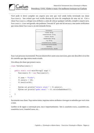Material do Treinamento Java e Orientação a Objetos




     Você pode (e deve) compilar seu arquivo java sem que você ainda tenha terminado sua classe
     Funcionario. Isso evitará que você receba dezenas de erros de compilação de uma vez só. Crie a
     classe Funcionario, coloque seus atributos e, antes de colocar qualquer método, compile o arquivo java.
     Funcionario.class será gerado, não podemos “executá-la” pois não há um main, mas assim verificamos
     que nossa classe Funcionario já está tomando forma.




     Esse é um processo incremental. Procure desenvolver assim seus exercícios, para não descobrir só no fim
     do caminho que algo estava muito errado.
     Um esboço da classe que possui o main:
 1   class TestaFuncionario {
 2

 3       public static void main(String[] args) {
4            Funcionario f1 = new Funcionario();
 5

6             f1.nome = "Fiodor";
 7            f1.salario = 100;
8             f1.bonifica(50);
9

10            System.out.println("salario atual:" + f1.salario);
11            System.out.println("ganho anual:" + f1.calculaGanhoAnual());
12

13       }
14   }

     Incremente essa classe. Faça outros testes, imprima outros atributos e invoque os métodos que você criou
     a mais.

     Lembre-se de seguir a convenção java, isso é importantíssimo. Isto é, nomeDeAtributo, nomeDeMetodo,
     nomeDeVariavel, NomeDeClasse, etc...




                                    Capítulo 4 - Orientação a objetos básica - Exercícios: Orientação a Objetos - Página 52
 
