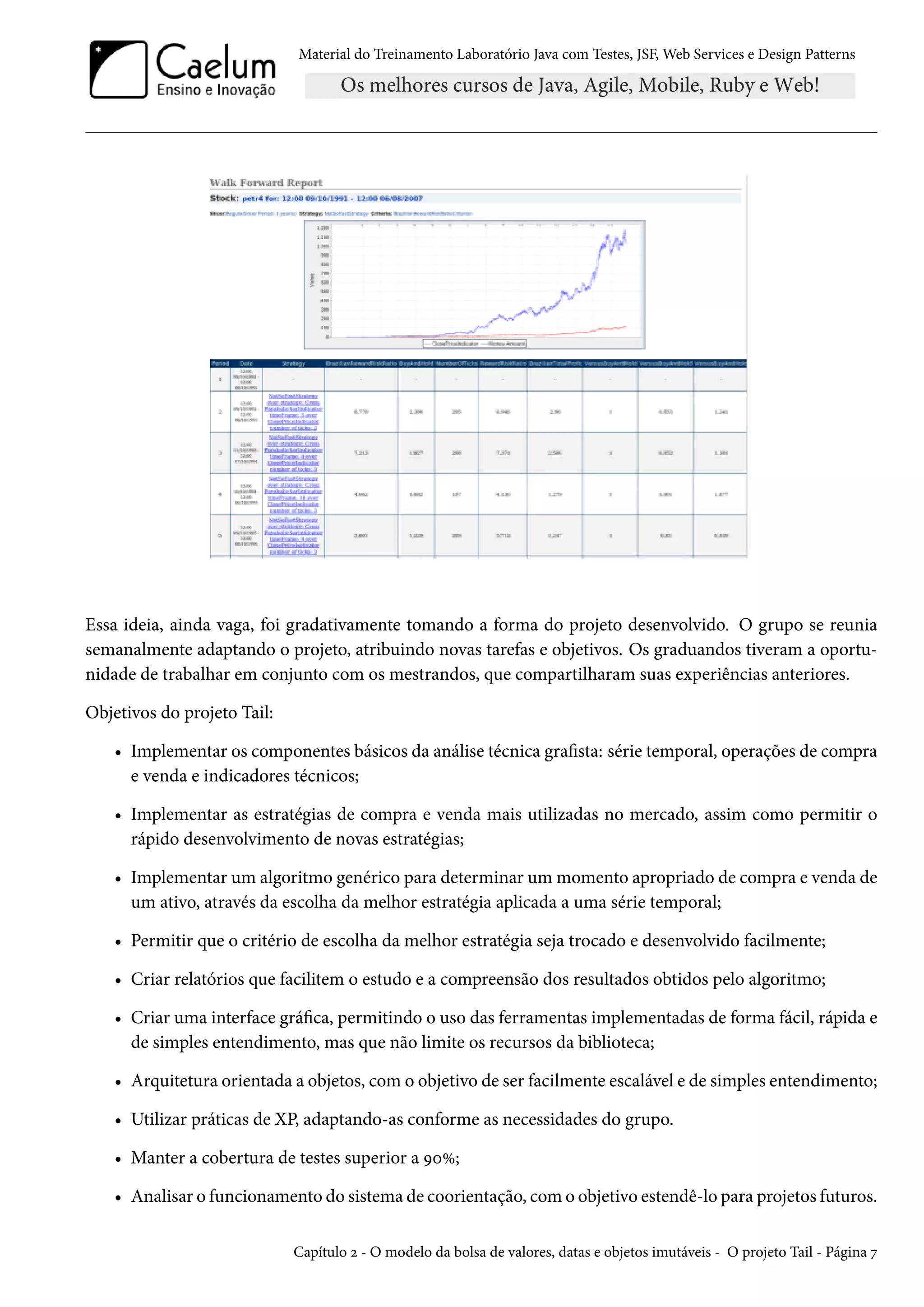 Material do Treinamento Laboratório Java com Testes, JSF, Web Services e Design Patterns

Essa ideia, ainda vaga, foi gradativamente tomando a forma do projeto desenvolvido. O grupo se reunia
semanalmente adaptando o projeto, atribuindo novas tarefas e objetivos. Os graduandos tiveram a oportunidade de trabalhar em conjunto com os mestrandos, que compartilharam suas experiências anteriores.
Objetivos do projeto Tail:
• Implementar os componentes básicos da análise técnica grafista: série temporal, operações de compra
e venda e indicadores técnicos;
• Implementar as estratégias de compra e venda mais utilizadas no mercado, assim como permitir o
rápido desenvolvimento de novas estratégias;
• Implementar um algoritmo genérico para determinar um momento apropriado de compra e venda de
um ativo, através da escolha da melhor estratégia aplicada a uma série temporal;
• Permitir que o critério de escolha da melhor estratégia seja trocado e desenvolvido facilmente;
• Criar relatórios que facilitem o estudo e a compreensão dos resultados obtidos pelo algoritmo;
• Criar uma interface gráfica, permitindo o uso das ferramentas implementadas de forma fácil, rápida e
de simples entendimento, mas que não limite os recursos da biblioteca;
• Arquitetura orientada a objetos, com o objetivo de ser facilmente escalável e de simples entendimento;
• Utilizar práticas de XP, adaptando-as conforme as necessidades do grupo.
• Manter a cobertura de testes superior a 90%;
• Analisar o funcionamento do sistema de coorientação, com o objetivo estendê-lo para projetos futuros.
Capítulo 2 - O modelo da bolsa de valores, datas e objetos imutáveis - O projeto Tail - Página 7

 