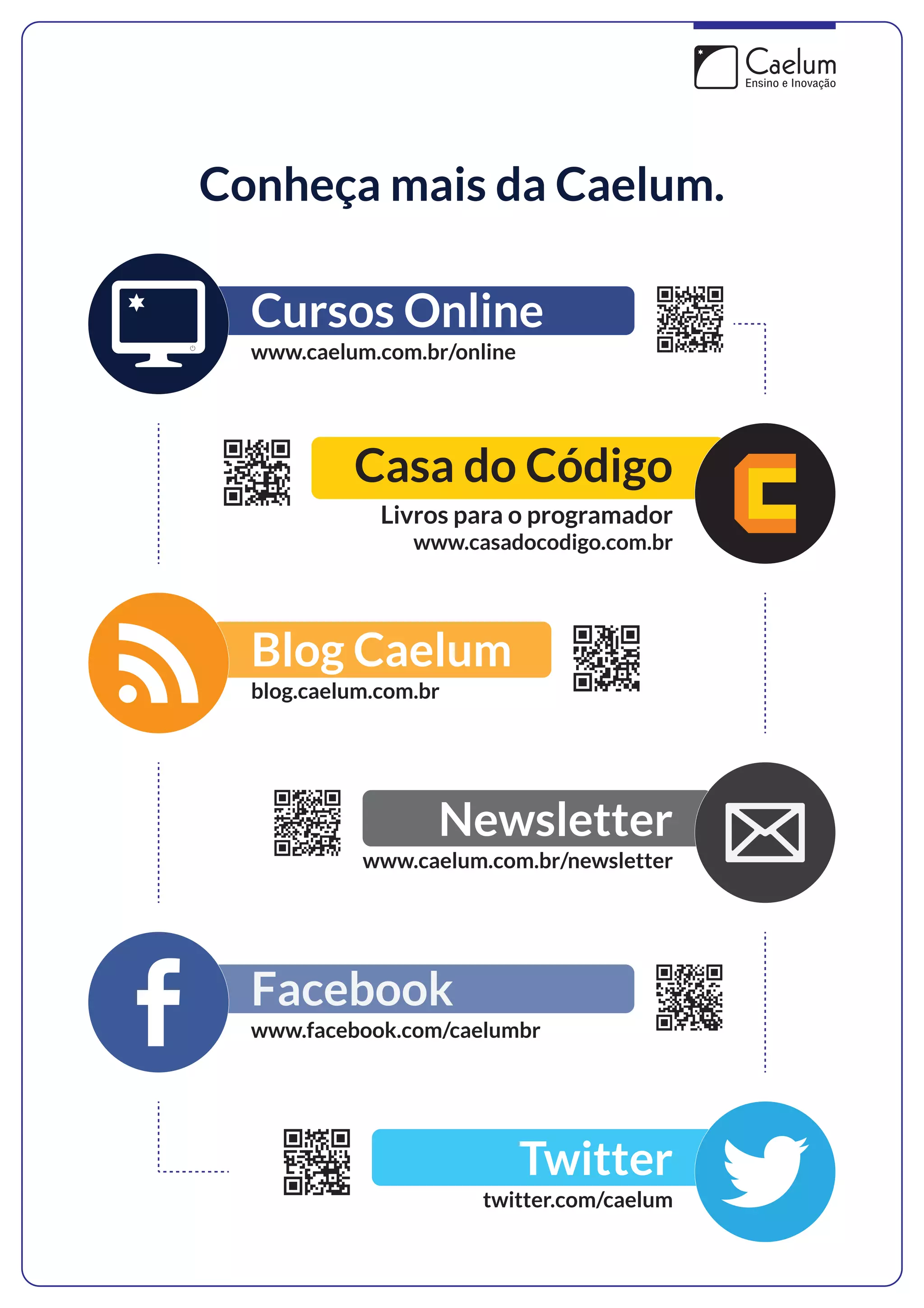 Conheça mais da Caelum.
Cursos Online
www.caelum.com.br/online

Casa do Código
Livros para o programador
www.casadocodigo.com.br

Blog Caelum
blog.caelum.com.br

Newsletter
www.caelum.com.br/newsletter

Facebook
www.facebook.com/caelumbr

Twitter
twitter.com/caelum

 