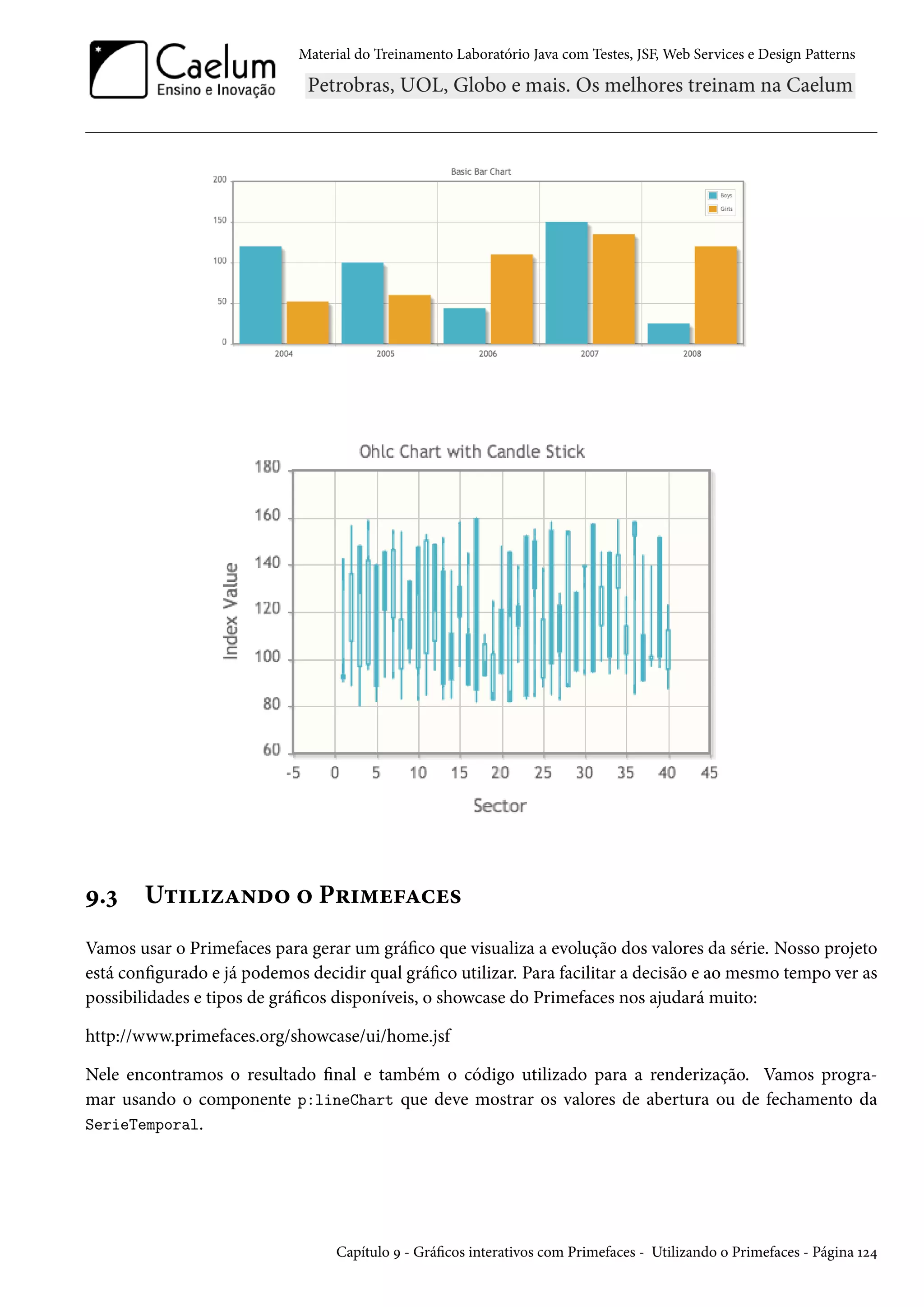 Material do Treinamento Laboratório Java com Testes, JSF, Web Services e Design Patterns
9.3 Utilizando o Primefaces
Vamos usar o Primefaces para gerar um gráfico que visualiza a evolução dos valores da série. Nosso projeto
está configurado e já podemos decidir qual gráfico utilizar. Para facilitar a decisão e ao mesmo tempo ver as
possibilidades e tipos de gráficos disponíveis, o showcase do Primefaces nos ajudará muito:
http://www.primefaces.org/showcase/ui/home.jsf
Nele encontramos o resultado final e também o código utilizado para a renderização. Vamos progra-
mar usando o componente p:lineChart que deve mostrar os valores de abertura ou de fechamento da
SerieTemporal.
Capítulo 9 - Gráficos interativos com Primefaces - Utilizando o Primefaces - Página 124
 