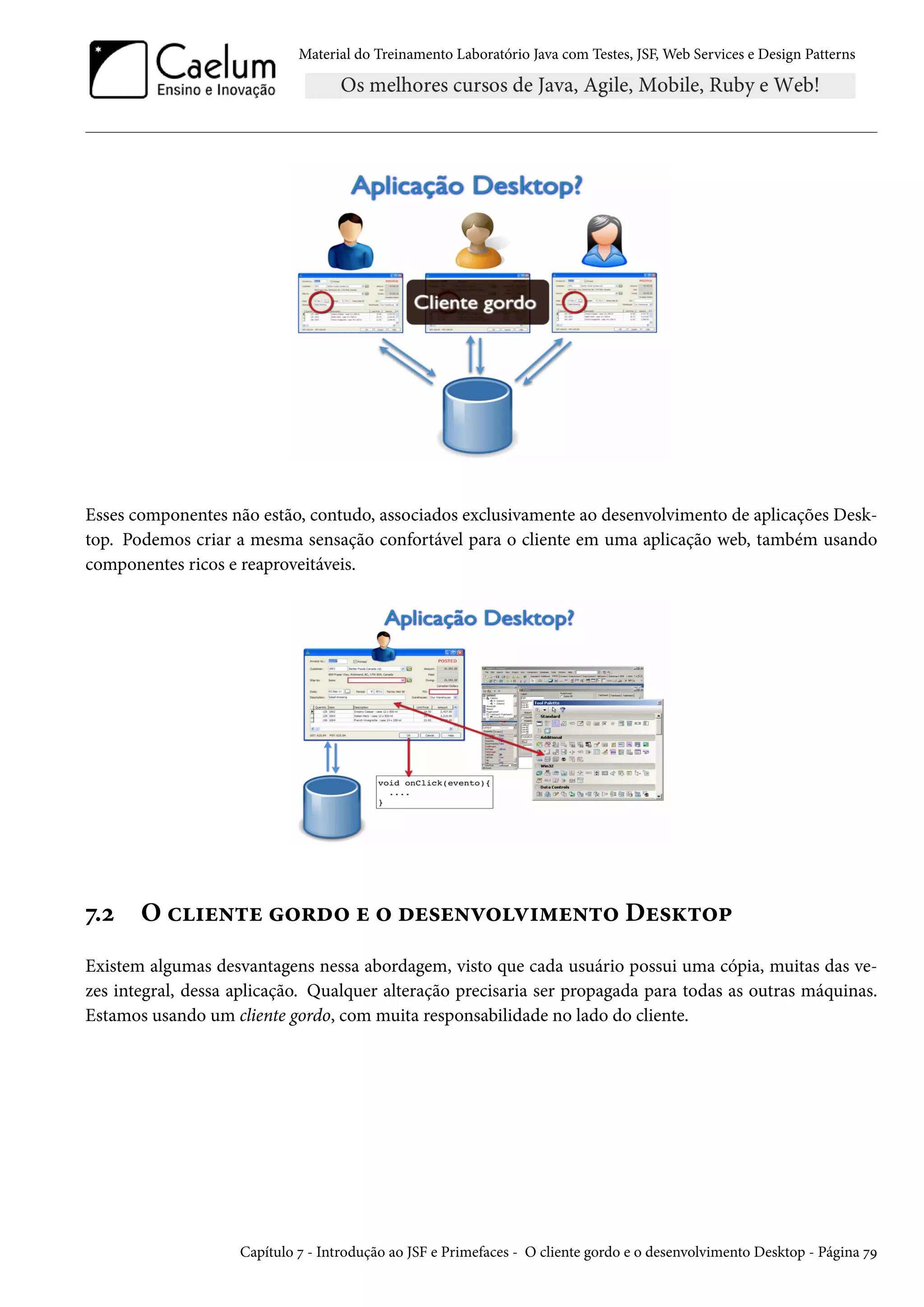 Material do Treinamento Laboratório Java com Testes, JSF, Web Services e Design Patterns
Esses componentes não estão, contudo, associados exclusivamente ao desenvolvimento de aplicações Desk-
top. Podemos criar a mesma sensação confortável para o cliente em uma aplicação web, também usando
componentes ricos e reaproveitáveis.
7.2 O cliente gordo e o desenvolvimento Desktop
Existem algumas desvantagens nessa abordagem, visto que cada usuário possui uma cópia, muitas das ve-
zes integral, dessa aplicação. Qualquer alteração precisaria ser propagada para todas as outras máquinas.
Estamos usando um cliente gordo, com muita responsabilidade no lado do cliente.
Capítulo 7 - Introdução ao JSF e Primefaces - O cliente gordo e o desenvolvimento Desktop - Página 79
 