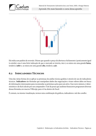 Material do Treinamento Laboratório Java com Testes, XML e Design Patterns




Ela indica um padrão de reversão. Dizem que quando o preço de abertura e fechamento é praticamente igual
(a estrela), essa é uma forte indicação de que o mercado se inverta, isto é, se estava em uma grande baixa,
tenderá a subir e, se estava em uma grande alta, tenderá a cair.



6.2     Indicadores Técnicos
Uma das várias formas de se aplicar as premissas da análise técnica grafista é através do uso de indicadores
técnicos. Indicadores são fórmulas que manipulam dados das negociações e tiram valores deles em busca
de informações interessantes para recomendar as próximas ações para um ativo. Esse novo número, é deter-
minístico e de fácil cálculo por um computador. É até de praxe que analistas financeiros programem diversas
dessas fórmulas em macros VBScript, para vê-las dentro do Excel.

É comum, na mesma visualização, termos uma combinação de gráficos, indicadores e até dos candles:




                                     Capítulo 6 - Refatoração: os Indicadores da bolsa - Indicadores Técnicos - Página 92
 