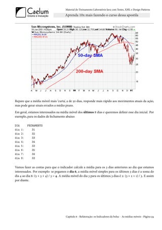 Material do Treinamento Laboratório Java com Testes, XML e Design Patterns




Repare que a média móvel mais ‘curta’, a de 50 dias, responde mais rápido aos movimentos atuais da ação,
mas pode gerar sinais errados a médio prazo.

Em geral, estamos interessados na média móvel dos últimos N dias e queremos definir esse dia inicial. Por
exemplo, para os dados de fechamento abaixo:

DIA        FECHAMENTO
dia   1:      31
dia   2:      32
dia   3:      33
dia   4:      34
dia   5:      33
dia   6:      35
dia   7:      34
dia   8:      33


Vamos fazer as contas para que o indicador calcule a média para os 3 dias anteriores ao dia que estamos
interessados. Por exemplo: se pegamos o dia 6, a média móvel simples para os últimos 3 dias é a soma do
dia 4 ao dia 6: (5 + 3 + 4) / 3 = 4. A média móvel do dia 3 para os últimos 3 dias é 2: (3 + 2 + 1) / 3. E assim
por diante.




                                         Capítulo 6 - Refatoração: os Indicadores da bolsa - As médias móveis - Página 94
 