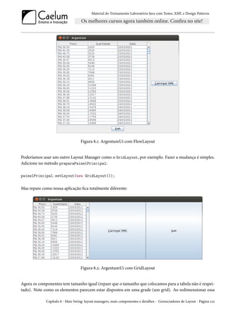Material do Treinamento Laboratório Java com Testes, XML e Design Patterns




                                   Figura 8.1: ArgentumUi com FlowLayout


Poderíamos usar um outro Layout Manager como o GridLayout, por exemplo. Fazer a mudança é simples.
Adicione no método preparaPainelPrincipal:

painelPrincipal.setLayout(new GridLayout());


Mas repare como nossa aplicação fica totalmente diferente:




                                   Figura 8.2: ArgentumUi com GridLayout


Agora os componentes tem tamanho igual (repare que o tamanho que colocamos para a tabela não é respei-
tado). Note como os elementos parecem estar dispostos em uma grade (um grid). Ao redimensionar essa

             Capítulo 8 - Mais Swing: layout managers, mais componentes e detalhes - Gerenciadores de Layout - Página 122
 