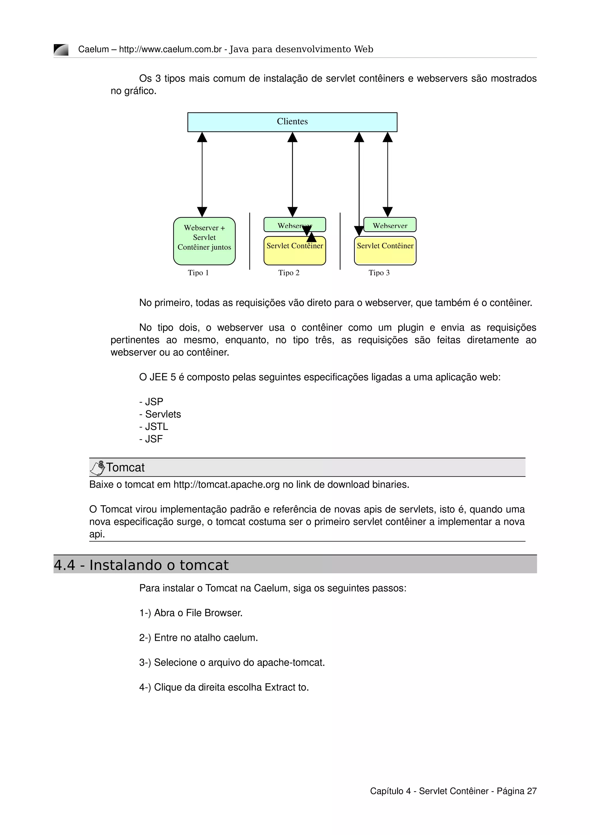 Caelum – http://www.caelum.com.br ­ Java para desenvolvimento Web
Os 3 tipos mais comum de instalação de servlet contêiners e webservers são mostrados 
no gráfico.
No primeiro, todas as requisições vão direto para o webserver, que também é o contêiner.
No   tipo   dois,   o   webserver   usa   o  contêiner   como   um   plugin   e  envia   as   requisições 
pertinentes   ao   mesmo,   enquanto,   no   tipo   três,   as   requisições   são   feitas   diretamente   ao 
webserver ou ao contêiner.
O JEE 5 é composto pelas seguintes especificações ligadas a uma aplicação web:
­ JSP
­ Servlets
­ JSTL
­ JSF
Tomcat
Baixe o tomcat em http://tomcat.apache.org no link de download binaries.
O Tomcat virou implementação padrão e referência de novas apis de servlets, isto é, quando uma 
nova especificação surge, o tomcat costuma ser o primeiro servlet contêiner a implementar a nova 
api.
4.4 - Instalando o tomcat
Para instalar o Tomcat na Caelum, siga os seguintes passos:
1­) Abra o File Browser.
2­) Entre no atalho caelum.
3­) Selecione o arquivo do apache­tomcat.
4­) Clique da direita escolha Extract to.
Capítulo 4 ­ Servlet Contêiner ­ Página 27
Clientes
Webserver + 
Servlet 
Contêiner juntos
Webserver
Servlet Contêiner
Webserver
Servlet Contêiner
Tipo 1 Tipo 2 Tipo 3
 