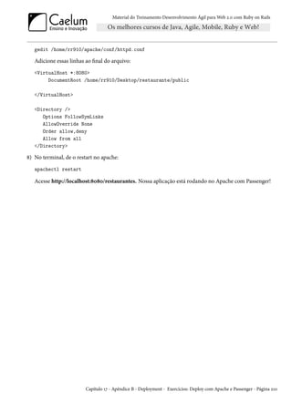 Material do Treinamento Desenvolvimento Ágil para Web 2.0 com Ruby on Rails




   gedit /home/rr910/apache/conf/httpd.conf

   Adicione essas linhas ao final do arquivo:
   <VirtualHost *:8080>
        DocumentRoot /home/rr910/Desktop/restaurante/public

   </VirtualHost>

   <Directory />
      Options FollowSymLinks
      AllowOverride None
      Order allow,deny
      Allow from all
   </Directory>

8) No terminal, de o restart no apache:
   apachectl restart

   Acesse http://localhost:8080/restaurantes. Nossa aplicação está rodando no Apache com Passenger!




                         Capítulo 17 - Apêndice B - Deployment - Exercícios: Deploy com Apache e Passenger - Página 210
 