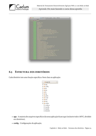 Material do Treinamento Desenvolvimento Ágil para Web 2.0 com Ruby on Rails




6.5    Estrutura dos diretórios
Cada diretório tem uma função específica e bem clara na aplicação:




   • app - A maioria dos arquivos específicos da nossa aplicação ficam aqui (inclusive todo o MVC, dividido
     em diretórios);

   • config - Configurações da aplicação;

                                                     Capítulo 6 - Ruby on Rails - Estrutura dos diretórios - Página 74
 
