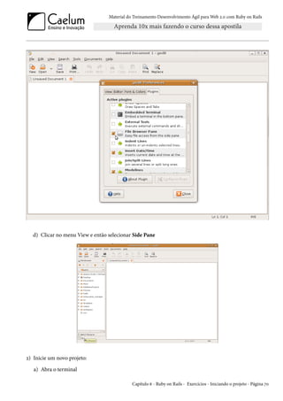 Material do Treinamento Desenvolvimento Ágil para Web 2.0 com Ruby on Rails
d) Clicar no menu View e então selecionar Side Pane
2) Inicie um novo projeto:
a) Abra o terminal
Capítulo 6 - Ruby on Rails - Exercícios - Iniciando o projeto - Página 70
 