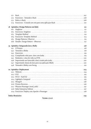 17.1 Rack . . . . . . . . . . . . . . . . . . . . . . . . . . . . . . . . . . . . . . . . . . . . . . . . . . . . . 207
17.2 Exercícios - Testando o Rack . . . . . . . . . . . . . . . . . . . . . . . . . . . . . . . . . . . . . . 208
17.3 Rails e o Rack . . . . . . . . . . . . . . . . . . . . . . . . . . . . . . . . . . . . . . . . . . . . . . . 208
17.4 Exercícios - Criando um rota para uma aplicação Rack . . . . . . . . . . . . . . . . . . . . . . . 210
18 Apêndice: Design Patterns em Ruby 211
18.1 Singleton . . . . . . . . . . . . . . . . . . . . . . . . . . . . . . . . . . . . . . . . . . . . . . . . . . 211
18.2 Exercícios: Singleton . . . . . . . . . . . . . . . . . . . . . . . . . . . . . . . . . . . . . . . . . . . 212
18.3 Template Method . . . . . . . . . . . . . . . . . . . . . . . . . . . . . . . . . . . . . . . . . . . . . 213
18.4 Exercícios: Template Method . . . . . . . . . . . . . . . . . . . . . . . . . . . . . . . . . . . . . . 214
18.5 Design Patterns: Observer . . . . . . . . . . . . . . . . . . . . . . . . . . . . . . . . . . . . . . . . 215
18.6 Desafio: Design Pattern - Observer . . . . . . . . . . . . . . . . . . . . . . . . . . . . . . . . . . . 217
19 Apêndice: Integrando Java e Ruby 218
19.1 O Projeto . . . . . . . . . . . . . . . . . . . . . . . . . . . . . . . . . . . . . . . . . . . . . . . . . . 218
19.2 Testando o JRuby . . . . . . . . . . . . . . . . . . . . . . . . . . . . . . . . . . . . . . . . . . . . . 218
19.3 Exercícios . . . . . . . . . . . . . . . . . . . . . . . . . . . . . . . . . . . . . . . . . . . . . . . . . . 219
19.4 Compilando ruby para .class com Jruby . . . . . . . . . . . . . . . . . . . . . . . . . . . . . . . . 219
19.5 Rodando o .class do ruby na JVM . . . . . . . . . . . . . . . . . . . . . . . . . . . . . . . . . . . . 220
19.6 Importando um bytecode(.class) criado pelo jruby . . . . . . . . . . . . . . . . . . . . . . . . . . 220
19.7 Importando classes do Java para sua aplicação JRuby . . . . . . . . . . . . . . . . . . . . . . . . 220
19.8 Testando o JRuby com Swing . . . . . . . . . . . . . . . . . . . . . . . . . . . . . . . . . . . . . . 222
20 Apêndice: Deployment 224
20.1 Webrick . . . . . . . . . . . . . . . . . . . . . . . . . . . . . . . . . . . . . . . . . . . . . . . . . . . 224
20.2 CGI . . . . . . . . . . . . . . . . . . . . . . . . . . . . . . . . . . . . . . . . . . . . . . . . . . . . . 225
20.3 FCGI - FastCGI . . . . . . . . . . . . . . . . . . . . . . . . . . . . . . . . . . . . . . . . . . . . . . 225
20.4 Lighttpd e Litespeed . . . . . . . . . . . . . . . . . . . . . . . . . . . . . . . . . . . . . . . . . . . 225
20.5 Mongrel . . . . . . . . . . . . . . . . . . . . . . . . . . . . . . . . . . . . . . . . . . . . . . . . . . . 226
20.6 Proxies Reversos . . . . . . . . . . . . . . . . . . . . . . . . . . . . . . . . . . . . . . . . . . . . . . 226
20.7 Phusion Passenger (mod_rails) . . . . . . . . . . . . . . . . . . . . . . . . . . . . . . . . . . . . . 227
20.8 Ruby Enterprise Edition . . . . . . . . . . . . . . . . . . . . . . . . . . . . . . . . . . . . . . . . . 227
20.9 Exercícios: Deploy com Apache e Passenger . . . . . . . . . . . . . . . . . . . . . . . . . . . . . 228
Índice Remissivo 229
Versão: 17.0.6
vi
 