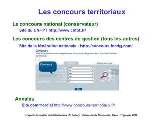 Les concours territoriaux
Le concours national (conservateur)
Site du CNFPT http://www.cnfpt.fr/
Les concours des centres de gestion (tous les autres)
Site de la fédération nationale : http://concours.fncdg.com/
Annales
Site commercial http://www.concours-territoriaux.fr/
L’avenir du métier de bibliothécaire /D. Lahary. Université de Normandie, Caen, 11 janvier 2018
 