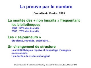 La montée des « non inscrits » fréquentant
les bibliothèques
1989 : 35% des inscrits
2005 : 70% des inscrits
Les « séjourneurs »
Etudiants, retraités, chômeurs…
Un changement de structure
Les bibliothèques reçoivent davantage d’usagers
occasionnels
Les durées de visite s’allongent
La preuve par le nombre
L’enquête du Credoc, 2005
L’avenir du métier de bibliothécaire /D. Lahary. Université de Normandie, Caen, 11 janvier 2018
 