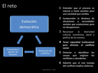 El reto

1
2

Comprender la dinámca de
situaciones y necesidades
sociales que evolucionan pero
no desaparecen.

3

Reconocer
la
diversidad
cultural, económica, social y
política de los actores.

4

Tener capacidad institucional
para afrontar el conflicto
social.

5

Detectar e identificar
causas que originan
conflictos y atenderlas.

6
CAEN 2013-2 - HGA

Entender que el proceso es
natural y hasta positivo para
una sociedad que cambia.

Advertir que el mal manejo
del conflicto implica violencia.

las
los

 