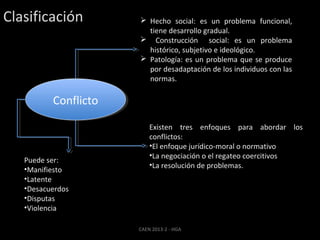 Clasificación

 Hecho social: es un problema funcional,
tiene desarrollo gradual.
 Construcción social: es un problema
histórico, subjetivo e ideológico.
 Patología: es un problema que se produce
por desadaptación de los individuos con las
normas.

Conflicto
Conflicto

Puede ser:
•Manifiesto
•Latente
•Desacuerdos
•Disputas
•Violencia

Existen tres enfoques para abordar los
conflictos:
•El enfoque jurídico-moral o normativo
•La negociación o el regateo coercitivos
•La resolución de problemas.

CAEN 2013-2 - HGA

 