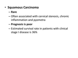 • Squamous Carcinoma
– Rare
– Often associated with cervical stenosis, chronic
inflammation and pyometra
– Prognosis is poor
– Estimated survival rate in patients with clinical
stage I disease is 36%
 