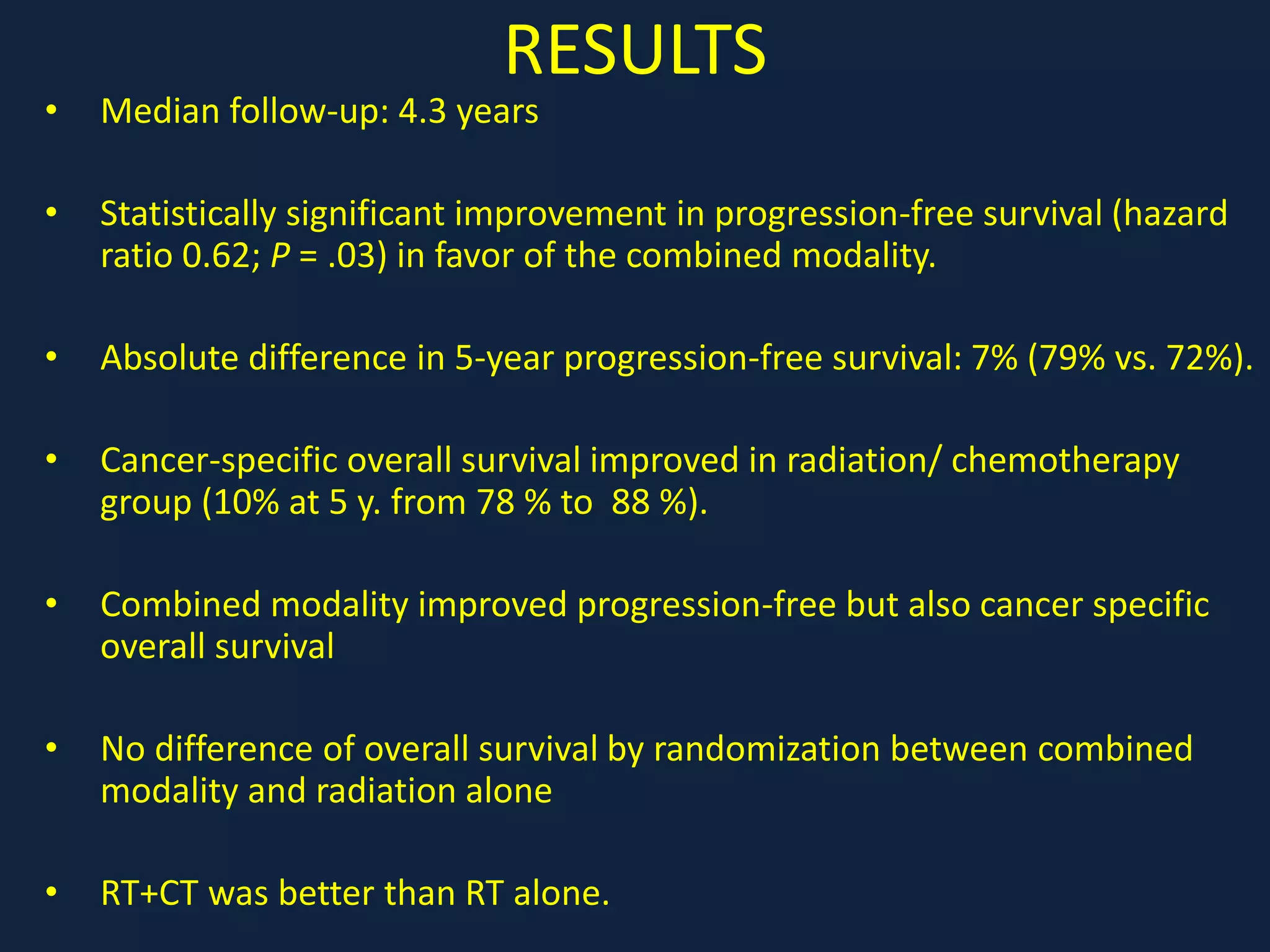 RESULTS
• Median follow-up: 4.3 years
• Statistically significant improvement in progression-free survival (hazard
ratio 0.62; P = .03) in favor of the combined modality.
• Absolute difference in 5-year progression-free survival: 7% (79% vs. 72%).
• Cancer-specific overall survival improved in radiation/ chemotherapy
group (10% at 5 y. from 78 % to 88 %).
• Combined modality improved progression-free but also cancer specific
overall survival
• No difference of overall survival by randomization between combined
modality and radiation alone
• RT+CT was better than RT alone.
 