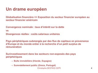 Un drame européen
Globalisation financière => Exposition du secteur financier européen au
secteur financier américain
Convergence nominale : taux d’intérêt sur la dette
vs
Divergences réelles : coûts salariaux unitaires
Pays périphériques submergés par des flux de capitaux en provenance
d’Europe et du monde entier à la recherche d’un petit surplus de
rémunération
Surinvestissement dans les secteurs non-exposés des pays
périphériques
→ Bulle immobilière (Irlande, Espagne)
→ Surendettement public (Grece, Portugal)
4Christophe DESTAIS CEPÏI
 