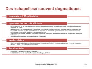 Des «chapelles» souvent dogmatiques
Christophe DESTAIS CEPÏI 53
• … pour mémoire.
Keynésiens // Monétaristes
• les prix des actifs sur les marchés financiers reflètent leur valeur intrinsèque compte tenu de toute l’information publiquement
disponible (E. Fama)
• Développement d’un modèle théorique Capital Asset Pricing Model, (CAPM) fondé sur l’hypothèse que tout investisseur sur
les marchés financiers équilibre rationnellement les risques et les rendements (pronounced cap-em) qui fonde les choix de
portefeuille et la valorisation des actifs financiers sans marché.
Si les prix sur les marchés financiers sont justes, l’objectif des manageurs de l’entreprise doit être de « créer de la valeur pour
l’actionnaire »
• : régulation financière par la discipline de marché (Greenspan)
Hypothèse des marchés efficients
• Rôle important de la politique monétaire pour ajuster la croissance effective à la croissance potentielle => « great moderation »
• Modèles « DSGE » : la sphère financière oubliée.
Néo-keynésiens
• Economiste « de gauche » (James K. Galbraith….)
• Instabilité intrinsèque de la sphère financière : Kindelberger, H. Minsky
Post- keynésien
 