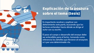 Explicación de la postura
sobre el tema (tesis)
Es importante recalcar y explicar con
detenimiento esta parte, buscando que los
lectores entiendan hacia dónde se dirige el
autor con su escrito.
El paso al cuerpo o desarrollo del ensayo debe
ser entendible para el lector, tomando como
referencia los detalles que llevaron al ensayista
a ir por una determinada vía.
 