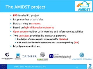 The AMIDST project
§  FP7-­‐funded	
  EU	
  project	
  
§  Large	
  number	
  of	
  variables	
  
§  Data	
  arriving	
  in	
  streams	
  
§  Based	
  on	
  hybrid	
  Bayesian	
  networks	
  
§  Open	
  source	
  toolbox	
  with	
  learning	
  and	
  inference	
  capabili?es	
  
§  Two	
  use	
  cases	
  provided	
  by	
  industrial	
  partners	
  
§  Predic+on	
  of	
  maneuvers	
  in	
  highway	
  traﬃc	
  (Daimler)	
  
§  Risk	
  predic+on	
  in	
  credit	
  opera+ons	
  and	
  customer	
  proﬁling	
  (BCC)	
  
§  hZp://www.amidst.eu	
  
	
  
	
  
	
  
	
  
CAEPIA 2015 Albacete, November 9, 2015 13
ODELADO CON REDES BAYESIANAS
DINÁMICAS HÍBRIDAS
RESULTADOS OBTENIDOS EN LA
PREDICCIÓN DE MANIOBRAS DE TRÁF
REDES BAYESIANAS DINÁMICAS
DE 2 ETAPAS TEMPORALES
S DE MARKOV
AYESIANAS
s entre variables vienen dadas
dirigido. Se conocen las
s condicionales de probabilidad,
ores de los padres.
SIANA DINÁMICA PARA LA EVIDENCIA LATERAL EN UN VEHÍCULO
• Es preferible analizar l
tendencia a fijar un valo
en la probabilidad.
• Con ello, es posible prede
maniobras con mayor ante
usando otros métodos.
• Las redes Bayesianas diná
mediante el uso de algorit
inferencia aproximados, so
herramienta adecuada par
dificultades de este proble
• El paquete AMIDST perm
análisis de datos en tiempo
mediante el uso de redes B
dinámicas, proporcionando
adecuado para intentar res
problema.
• Se espera que estas y otr
contribuciones reduzcan e
víctimas de accidentes de
buscando el objetivo de co
vehículo totalmente segur
 