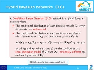 Hybrid Bayesian networks. CLGs
CAEPIA 2015 Albacete, November 9, 2015 21
Conditional Linear Gaussian networks
A Conditional Linear Gaussian (CLG) network is a hybrid Bayesian
network where
I The conditional distribution of each discrete variable XD given
its parents is a multinomial
I The conditional distribution of each continuous variable Z
with discrete parents XD and continuous parents XC , is
p(z|XD = xD, XC = xC ) = N(z; ↵(xD) + (xD)T
xC , (xD))
for all xD and xC , where ↵ and are the coeﬃcients of a
linear regression model of Z given XC , potentially diﬀerent for
each conﬁguration of XD.
ECSQARU 2015, Compiegne, July 17, 2015 4
CLGs	
  belong	
  to	
  the	
  exponen?al	
  family	
  
 