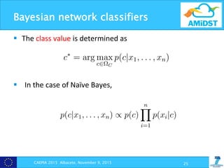 Bayesian network classifiers
§  The	
  class	
  value	
  is	
  determined	
  as	
  
	
  
	
  
	
  
§  In	
  the	
  case	
  of	
  Naïve	
  Bayes,	
  	
  
CAEPIA 2015 Albacete, November 9, 2015 25
ayesian network can be used as a classiﬁer if it contains a cla
a set of continuous or discrete explanatory variables X1, . . . ,
ect with observed features x1, . . . , xn will be classiﬁed as be
2 ⌦C obtained as
c⇤
= arg max
c2⌦C
p(c|x1, . . . , xn),
⌦C denotes the set of all posible values of C.
nsidering that p(c|x1, . . . , xn) is proportional to p(c) ⇥ p(x1,
ciﬁcation of an n dimensional distribution for X1, . . . , Xn
d in order to solve the classiﬁcation problem, which implies a
mputational cost, as the number of parameters necessary to
stribution is exponential in the number of variables, in the w
er, this problem is simpliﬁed if we take advantage of the fac
d by the BN. Since building a network without any structur
not always feasible (they might be as complex as the above m
ded by the BN. Since building a network without any structur
is not always feasible (they might be as complex as the above m
distribution), networks with ﬁxed or restricted and simple
utilized instead when facing classiﬁcation tasks. The extreme c
e Bayes (NB) structure, where all the feature variables are c
pendent given C, as depicted in Fig. 1(a). The strong assu
pendence behind NB models is somehow compensated by the
e number of parameters to be estimated from data, since in th
s that
p(c|x1, . . . , xn) / p(c)
nY
i=1
p(xi|c) ,
h means that, instead of one n-dimensional conditional densi
nsional conditional densities must be estimated.
n TAN models, more dependencies are allowed, expanding the
 