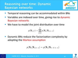 Reasoning over time: Dynamic
Bayesian networks
§  Temporal	
  reasoning	
  can	
  be	
  accommodated	
  within	
  BNs	
  
§  Variables	
  are	
  indexed	
  over	
  ?me,	
  giving	
  rise	
  to	
  dynamic	
  
Bayesian	
  networks	
  
§  We	
  have	
  to	
  model	
  the	
  joint	
  distribu?on	
  over	
  ?me	
  
§  Dynamic	
  BNs	
  reduce	
  the	
  factoriza?on	
  complexity	
  by	
  
adop?ng	
  the	
  Markov	
  assump?on	
  
	
  
	
  
CAEPIA 2015 Albacete, November 9, 2015 26
Similarly to static BNs, we model our problem/system using a set of stochastic ran
variables, denoted Xt, with the main di↵erence that variables are indexed here
discrete time index t. In this way, we explicitly model the state of the system a
given time. Moreover, we always assume that the system is described at a ﬁxed frequ
and use Xa:b ⌘ Xa, Xa+1, . . . , Xb to denote the set of variables between two time p
a and b.
For reasoning over time, we need to model the joint probability p(X1:T ) which ha
following natural cascade decomposition:
p(X1:T ) =
TY
t=1
p(Xt|X1:t 1),
where p(Xt|X1:t 1) is equal to p(X1) for t = 1. As t increases, the conditional
ability p(Xt|X1:t 1) becomes intractable. Similarly to static BNs, dynamic BNs
more compact factorization of the above joint probability. The ﬁrst kind of condit
independence assumption encoded by DBNs to reduce the factorization complex
the well-known Markov assumption. Under this assumption, the current state is
pendent from the previous one given a ﬁnite number of previous steps and the resu
models are referred to as Markov chains. Basically, a Markov chain can be deﬁn
either discrete or continuous variables X1:T . It exploits the following equality:
lowing natural cascade decomposition:
p(X1:T ) =
TY
t=1
p(Xt|X1:t 1),
here p(Xt|X1:t 1) is equal to p(X1) for t = 1. As t increases, the conditio
ility p(Xt|X1:t 1) becomes intractable. Similarly to static BNs, dynamic B
ore compact factorization of the above joint probability. The ﬁrst kind of c
dependence assumption encoded by DBNs to reduce the factorization com
e well-known Markov assumption. Under this assumption, the current sta
ndent from the previous one given a ﬁnite number of previous steps and the
odels are referred to as Markov chains. Basically, a Markov chain can be d
her discrete or continuous variables X1:T . It exploits the following equality
p(Xt|X1:t 1) = p(Xt|Xt V :t 1)
here V 1 is the order of the Markov chain. Figure 3.3 shows two example
rresponding to ﬁrst-order (i.e., V = 1) and third-order (i.e., V = 3) Markov
 