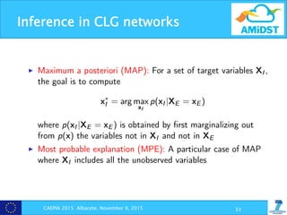 Inference in CLG networks
CAEPIA 2015 Albacete, November 9, 2015 33
Querying a Bayesian network (II)
I Maximum a posteriori (MAP): For a set of target variables XI ,
the goal is to compute
x⇤
I = arg max
xI
p(xI |XE = xE )
where p(xI |XE = xE ) is obtained by ﬁrst marginalizing out
from p(x) the variables not in XI and not in XE
I Most probable explanation (MPE): A particular case of MAP
where XI includes all the unobserved variables
ECSQARU 2015, Compiegne, July 17, 2015 8
 