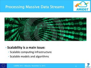 Processing Massive Data Streams
• Scalability	
  is	
  a	
  main	
  issue:	
  
•  Scalable	
  compu?ng	
  infrastructure	
  
•  Scalable	
  models	
  and	
  algorithms	
  
	
  
CAEPIA 2015 Albacete, November 9, 2015 6
 