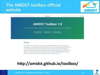 The AMIDST toolbox official
website
CAEPIA 2015 Albacete, November 9, 2015 65
hZp://amidst.github.io/toolbox/	
  
 