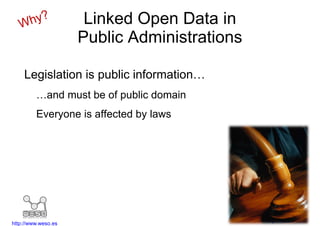 Linked Open Data in
                     Public Administrations

    Legislation is public information…
         …and must be of public domain
         Everyone is affected by laws




                                              http://www.bcn.cl
http://www.weso.es
 