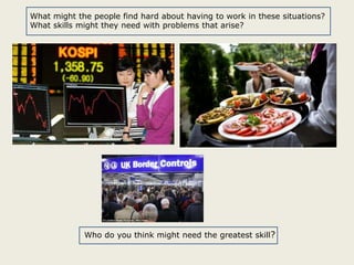 What might the people find hard about having to work in these situations?
What skills might they need with problems that arise?

Who do you think might need the greatest skill?

 