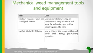 Realizing sustainable agricultural mechanisation
Tool Uses
Shallow weeder; Hand hoe
Hand push weeder
Use for superficial weeding or
cultivation to scrap off weeds and
leave the soil surface and residue
intact. Operated by hand
Slasher, Machette, Billhook Use to remove any weed, residue and
cover crop during pre-planting
operation.
Mechanical weed management tools
and equipment
 