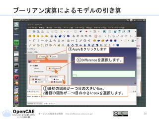 ブーリアン演算によるモデルの引き算
オープンCAE勉強会@関西 http://ofbkansai.sakura.ne.jp/ 20
①Differenceを選択します。
③Applyをクリックします
②最初の図形が一つ目の大きいBox、
2番目の図形が二つ目の小さいBoxを選択します。
 