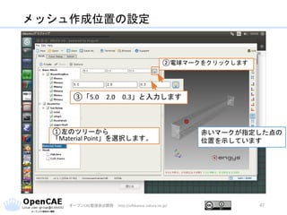 メッシュ作成位置の設定
オープンCAE勉強会@関西 http://ofbkansai.sakura.ne.jp/ 47
③「5.0 2.0 0.3」と入力します
②電球マークをクリックします
赤いマークが指定した点の
位置を示しています
①左のツリーから
「Material Point」を選択します。
 