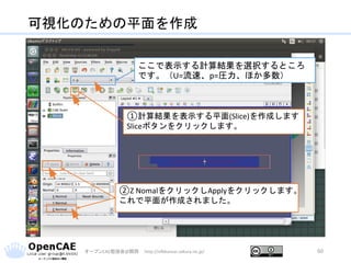 可視化のための平面を作成
オープンCAE勉強会@関西 http://ofbkansai.sakura.ne.jp/ 60
①計算結果を表示する平面(Slice)を作成します
Sliceボタンをクリックします。
②Z NomalをクリックしApplyをクリックします。
これで平面が作成されました。
ここで表示する計算結果を選択するところ
です。（U=流速、p=圧力、ほか多数）
 