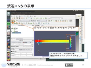 流速コンタの表示
オープンCAE勉強会@関西 http://ofbkansai.sakura.ne.jp/ 69
①コンタレジェンドを表示するボタンをクリックします
コンタレジェンドが表示され、
速度の分布がわかりやすくなりました
 