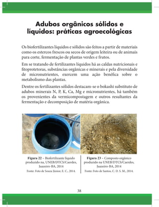 38
Adubos orgânicos sólidos e
líquidos: práticas agroecológicas
Os biofertilizantes líquidos e sólidos são feitos a partir de materiais
como os estercos frescos ou secos de origem leiteira ou de animais
para corte, fermentação de plantas verdes e frutos.
Em se tratando de fertilizantes líquidos há as caldas nutricionais e
fitoprotetoras, substâncias orgânicas e minerais e pela diversidade
de micronutrientes, exercem uma ação benéfica sobre o
metabolismo das plantas.
Dentre os fertilizantes sólidos destacam-se o bokashi substituto de
adubos minerais N, P, K, Ca, Mg e micronutrientes, há também
os provenientes da vermicompostagem e outros resultantes da
fermentação e decomposição de matéria orgânica.
Figura 22 – Biofertilizante líquido
produzido na, UNEB/DTCS/Caerdes,
Juazeiro-BA, 2014
Fonte: Foto de Souza Júnior, E. C., 2014.
Figura 23 – Composto orgânico
produzido na UNEB/DTCS/Caerdes,
Juazeiro-BA, 2014
Fonte: Foto de Santos, C. D. S. M., 2014.
 
