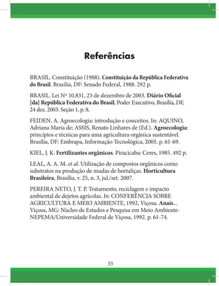 55
Referências
BRASIL. Constituição (1988). Constituição da República Federativa
do Brasil. Brasília, DF: Senado Federal, 1988. 292 p.
BRASIL. Lei Nº 10.831, 23 de dezembro de 2003. Diário Oficial
[da] República Federativa do Brasil, Poder Executivo, Brasília, DF,
24 dez. 2003. Seção 1, p. 8.
FEIDEN, A. Agroecologia: introdução e conceitos. In: AQUINO,
Adriana Maria de; ASSIS, Renato Linhares de (Ed.). Agroecologia:
princípios e técnicas para uma agricultura orgânica sustentável.
Brasília, DF: Embrapa, Informação Tecnológica, 2005. p. 61-69.
KIEL, J. K. Fertilizantes orgânicos. Piracicaba: Ceres, 1985. 492 p.
LEAL, A. A. M. et al. Utilização de compostos orgânicos como
substratos na produção de mudas de hortaliças. Horticultura
Brasileira, Brasília, v. 25, n. 3, jul./set. 2007.
PEREIRA NETO, J. T. P. Tratamento, reciclagem e impacto
ambiental de dejetos agrícolas. In: CONFERÊNCIA SOBRE
AGRICULTURA E MEIO AMBIENTE, 1992, Viçosa. Anais...
Viçosa, MG: Núcleo de Estudos e Pesquisa em Meio Ambiente-
NEPEMA/Universidade Federal de Viçosa, 1992. p. 61-74.
 