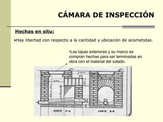 CÁMARA DE INSPECCIÓN

Hechas en situ:
•Hay libertad con respecto a la cantidad y ubicación de acometidas.

                          •Las tapas exteriores y su marco se
                          compran hechas para ser terminadas en
                          obra con el material del solado.
 