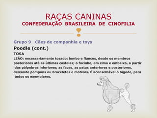 
Grupo 9 Cães de companhia e toys
Poodle (cont.)
TOSA
LEÃO: necessariamente tosado: lombo e flancos, desde os membros
posteriores até as últimas costelas; o focinho, em cima e embaixo, a partir
das pálpebras inferiores; as faces, as patas anteriores e posteriores,
deixando pompons ou braceletes e motivos. É aconselhável o bigode, para
todos os exemplares.
RAÇAS CANINAS
CONFEDERAÇÃO BRASILEIRA DE CINOFILIA
 