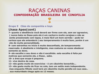 
Grupo 9 Cães de companhia e toys
Lhasa Apso(cont)
7- quanto a obediência você deverá ser firme com ele, sem ser agressivo,
( nunca bata no lhasa pois ele é um cachorro muito corajoso e não se
sente pressionado com tapas, é mais fácil um bom sermão - pode ter
certeza que ele entenderá-) seu temperamento é muito bom, porém é um
cão de muita personalidade.
8- com estranhos no início é muito desconfiado, de temperamento
reservado. é obediente e inteligente, mas costuma as vezes obedecer
somente ao dono.
9- ele escolhe o seu dono e não é escolhido. esta escolha é feita por
motivos que somente ele, o lhasa , sabe.
10- a área que ocupa é pequena.
11- vive dentro de casa.
12- não gosta muito de exercícios - é um cãozinho bonachão...
13- não gosta muito de ficar no colo, tem um estilo mais independente.
mas enquanto filhote você terá um cãozinho muito peralta em sua casa..
. sua maturidade chega após os 12 meses.
RAÇAS CANINAS
CONFEDERAÇÃO BRASILEIRA DE CINOFILIA
 