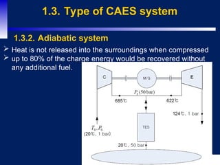 12
1.3. Type of CAES system
1.3.2. Adiabatic system
 Heat is not released into the surroundings when compressed
 up to 80% of the charge energy would be recovered without
any additional fuel.
 