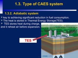 13
1.3. Type of CAES system
1.3.2. Adiabatic system
key to achieving significant reduction in fuel consumption.
The heat is stored in Thermal Energy Storage(TES).
 TES stores heat during charge,
and it reheat air before expansion.
TES
 