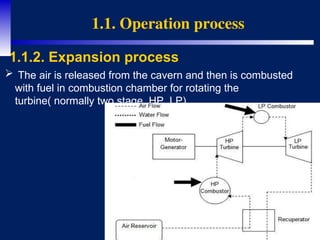 6
1.1. Operation process
1.1.2. Expansion process
 The air is released from the cavern and then is combusted
with fuel in combustion chamber for rotating the
turbine( normally two stage, HP, LP).
 