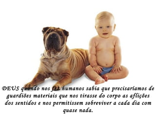 DEUS quando nos fez humanos sabia que precisaríamos de guardiões materiais que nos tirasse do corpo as aflições dos sentidos e nos permitissem sobreviver a cada dia com quase nada. 