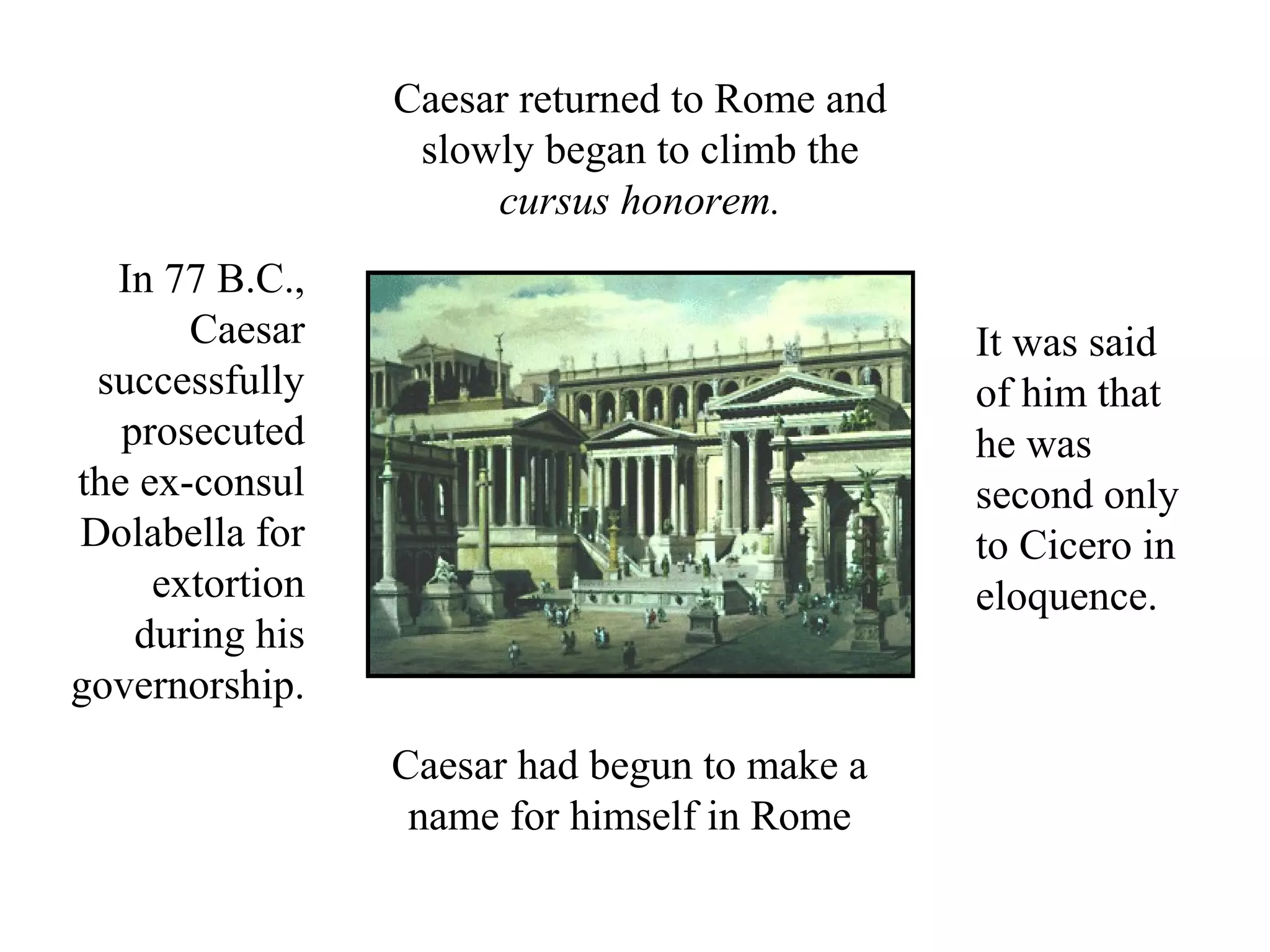 Caesar returned to Rome and
slowly began to climb the
cursus honorem.
It was said
of him that
he was
second only
to Cicero in
eloquence.
In 77 B.C.,
Caesar
successfully
prosecuted
the ex-consul
Dolabella for
extortion
during his
governorship.
Caesar had begun to make a
name for himself in Rome
 