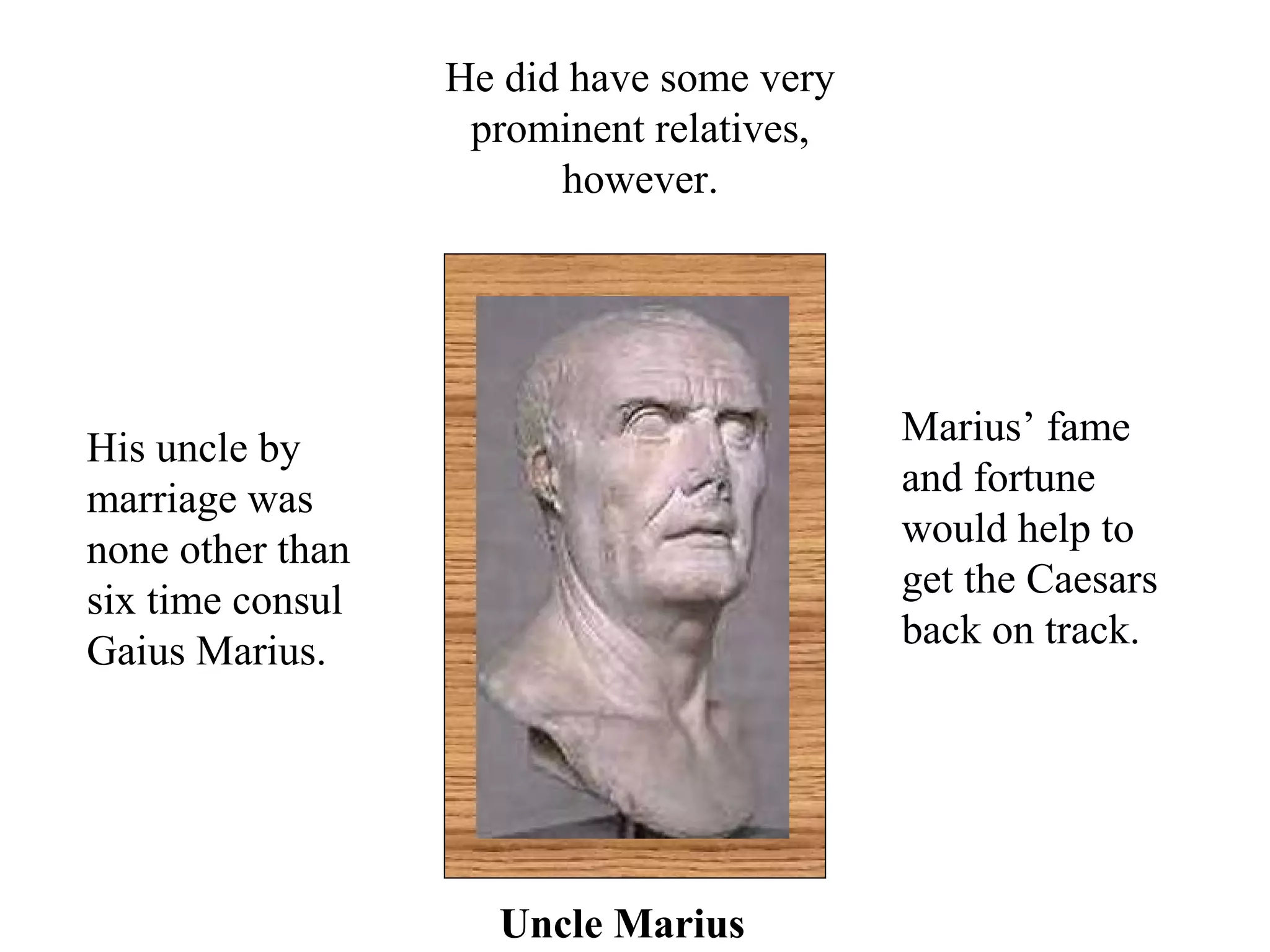 He did have some very
prominent relatives,
however.
His uncle by
marriage was
none other than
six time consul
Gaius Marius.
Marius’ fame
and fortune
would help to
get the Caesars
back on track.
Uncle Marius
 