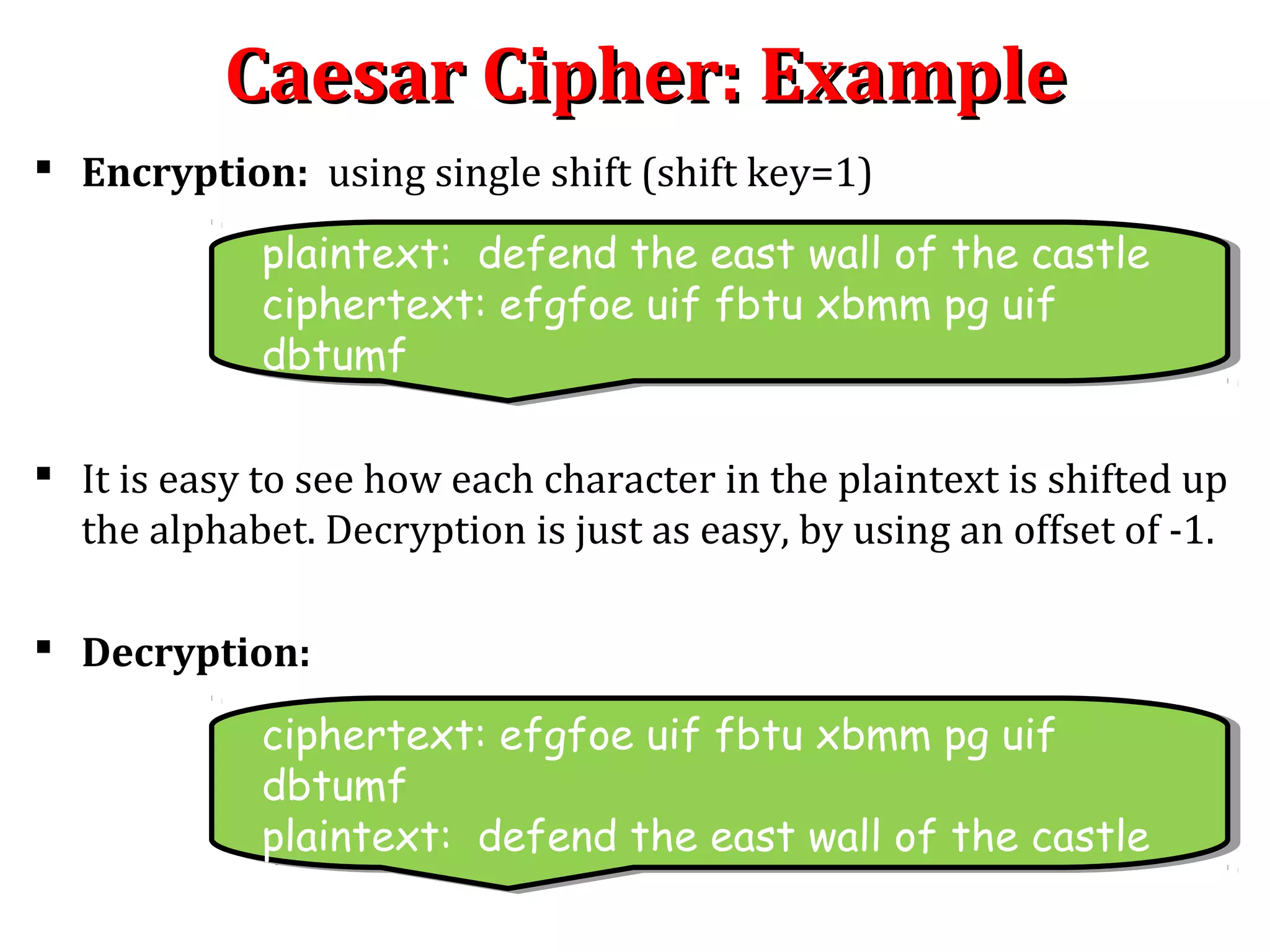 Caesar Cipher: ExampleCaesar Cipher: Example
 Encryption: using single shift (shift key=1)
 It is easy to see how each character in the plaintext is shifted up
the alphabet. Decryption is just as easy, by using an offset of -1.
 Decryption:
plaintext: defend the east wall of the castle
ciphertext: efgfoe uif fbtu xbmm pg uif
dbtumf
plaintext: defend the east wall of the castle
ciphertext: efgfoe uif fbtu xbmm pg uif
dbtumf
ciphertext: efgfoe uif fbtu xbmm pg uif
dbtumf
plaintext: defend the east wall of the castle
ciphertext: efgfoe uif fbtu xbmm pg uif
dbtumf
plaintext: defend the east wall of the castle
 